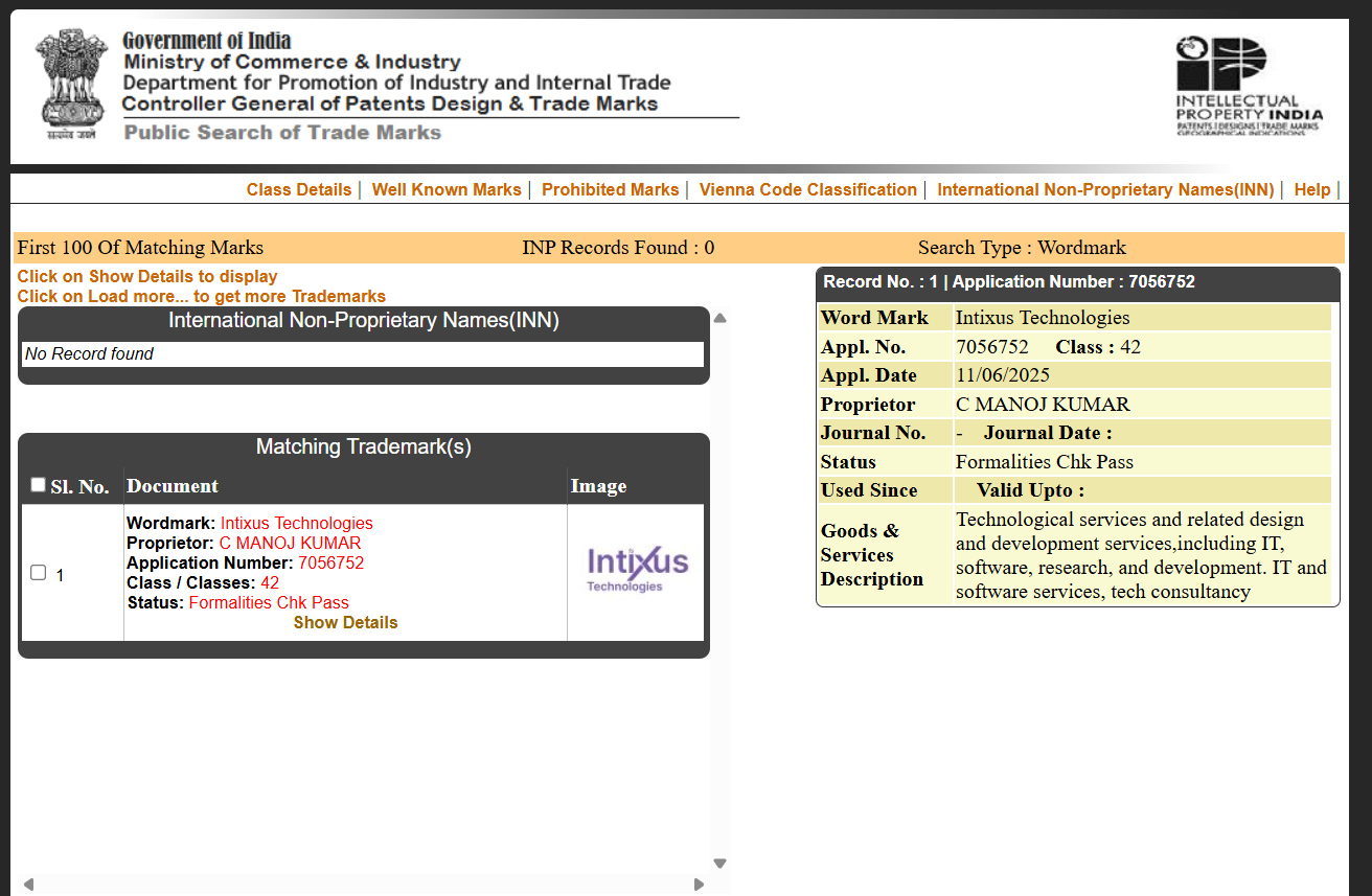 Intixus Technologies Trademark Certificate